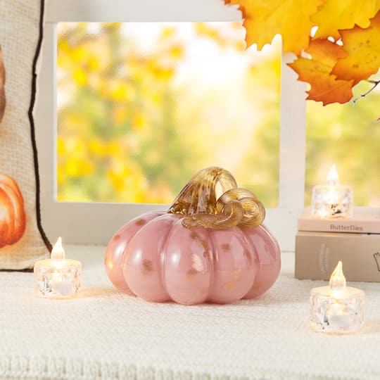 Glitzhome® 5.75" Pink Glass Pumpkin Fall Table Decor